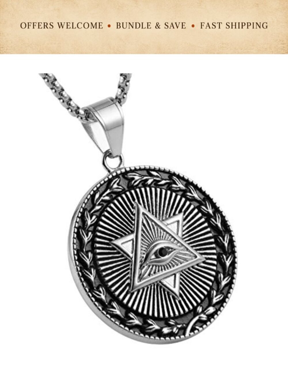 Masonic Eye of Providence Stainless Steel Pendant Necklace with 22+2 Inch Chain